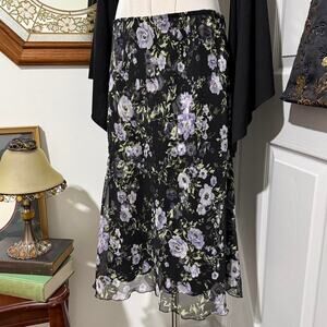 VTG Y2K Dressbarn Black & Light Purple Whimsy Floral Mesh Dark Femme Midi Skirt